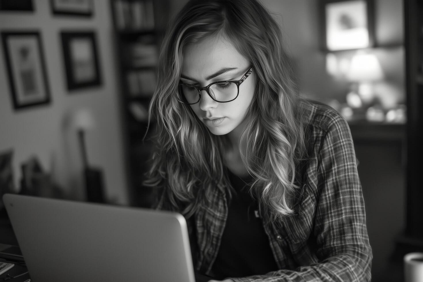 Young woman working intently on laptop in cozy indoor space during evening hours photo