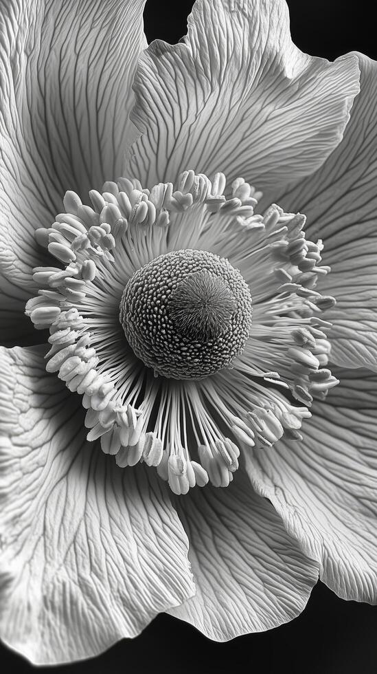 Intricate details of a blooming flower captured in black and white at close range photo