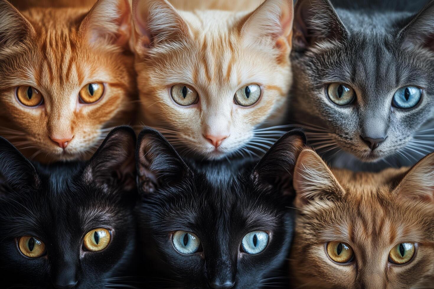 Cats of various colors and patterns gathered closely in a cozy setting photo