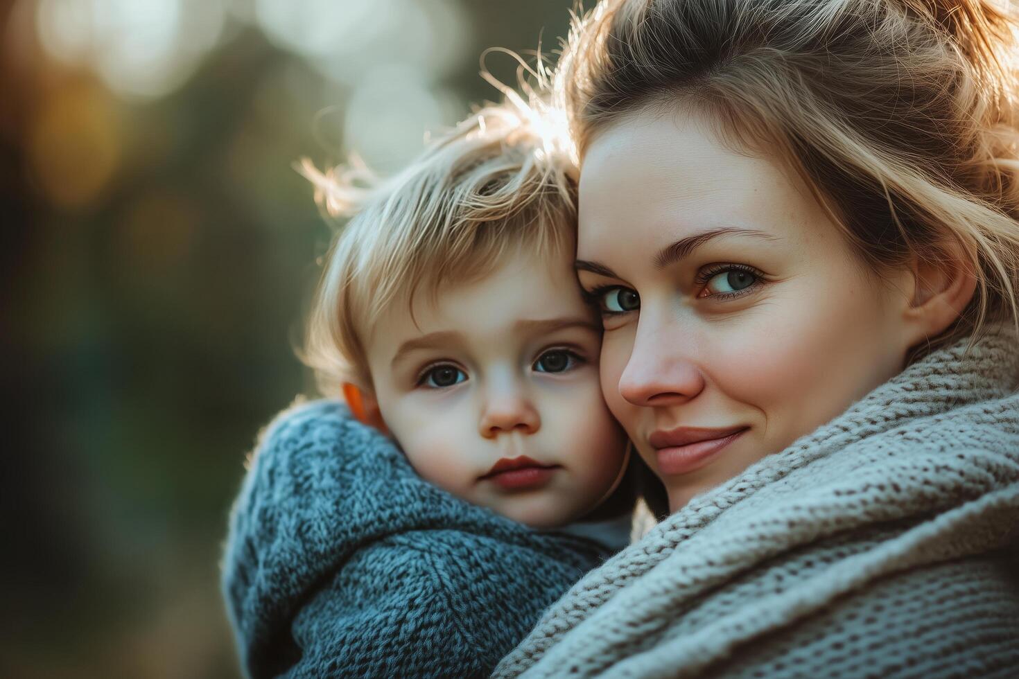 Mother and child enjoying a warm embrace in a natural outdoor setting during an autumn afternoon photo