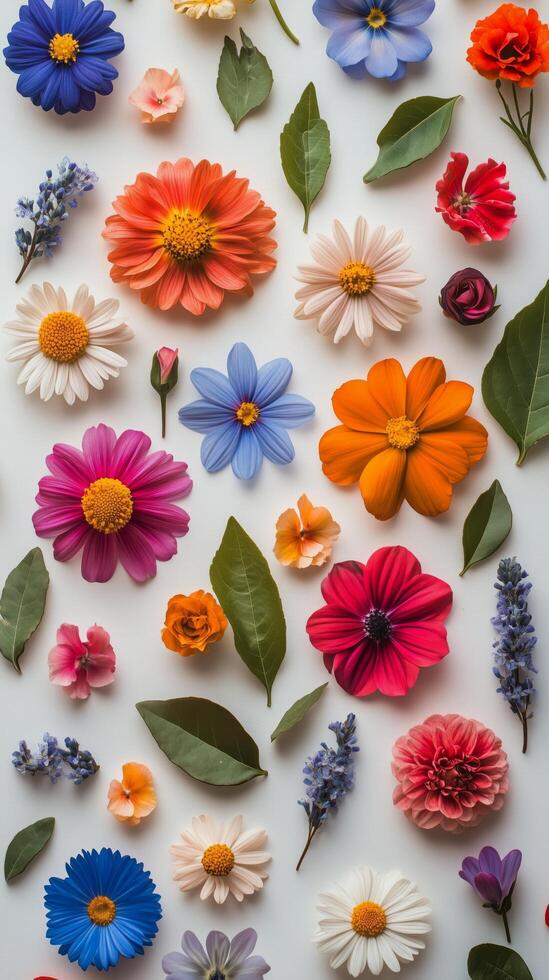 Colorful arrangement of various flowers and leaves on a light background during spring photo