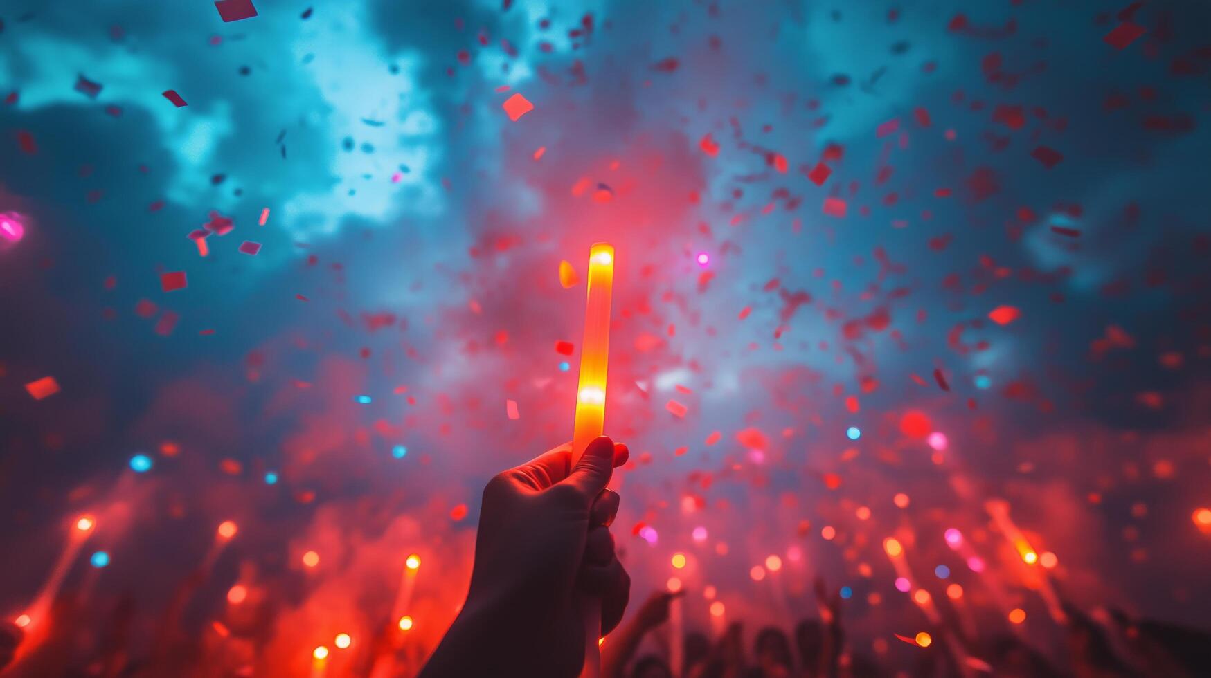 Crowd enjoys vibrant celebration with colorful lights and confetti in the night sky photo