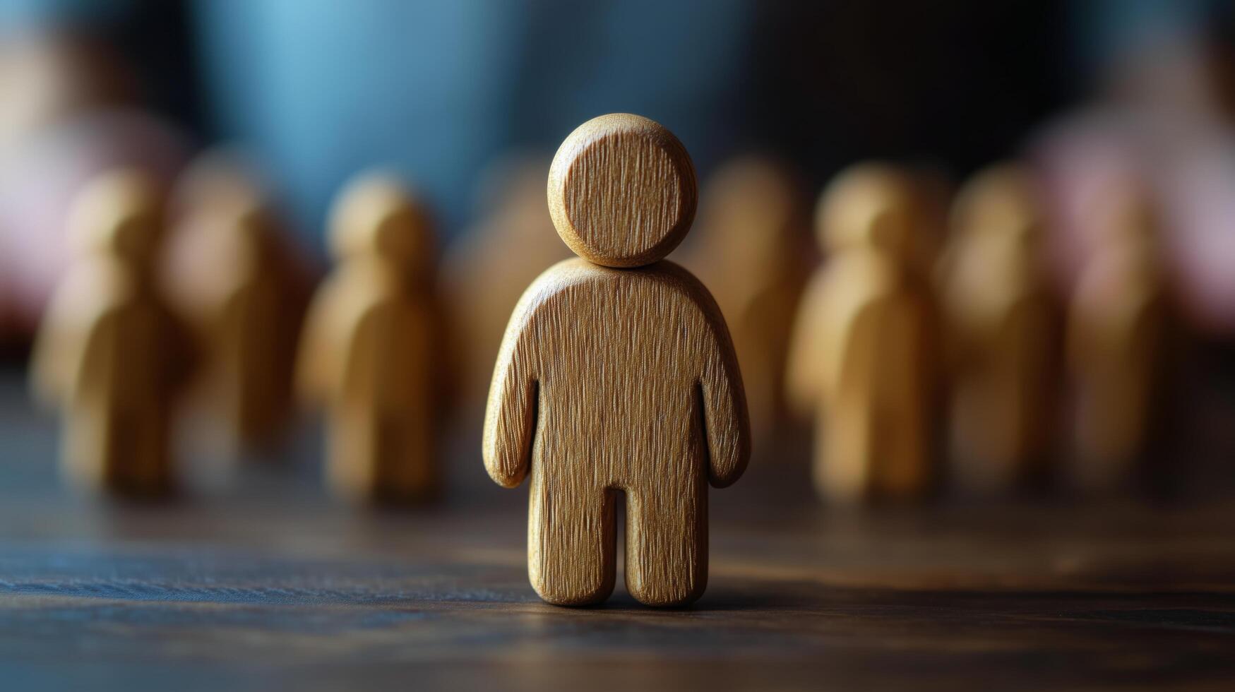 Wooden figure stands out among blurred other figures on table in soft lighting photo