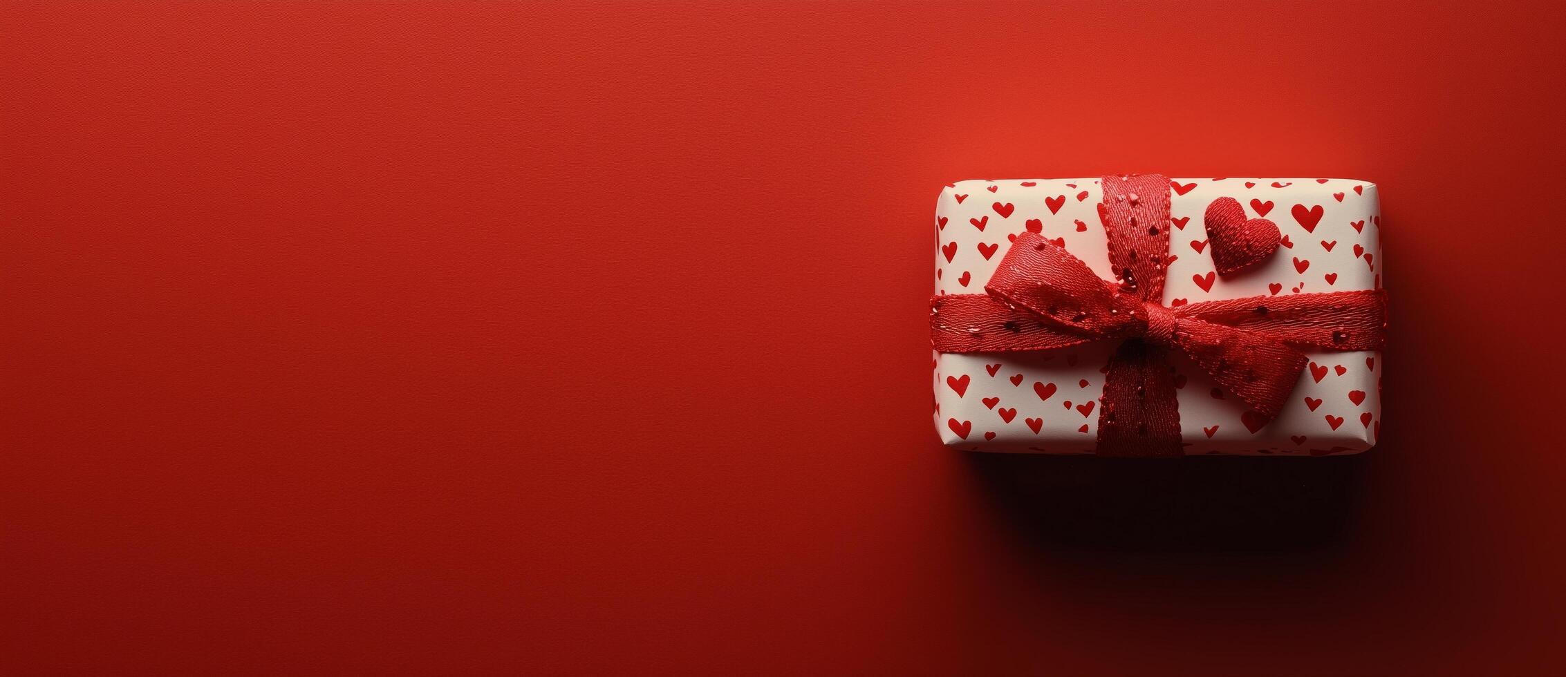 Gift wrapped in red and white with hearts on festive background for special occasion celebration photo