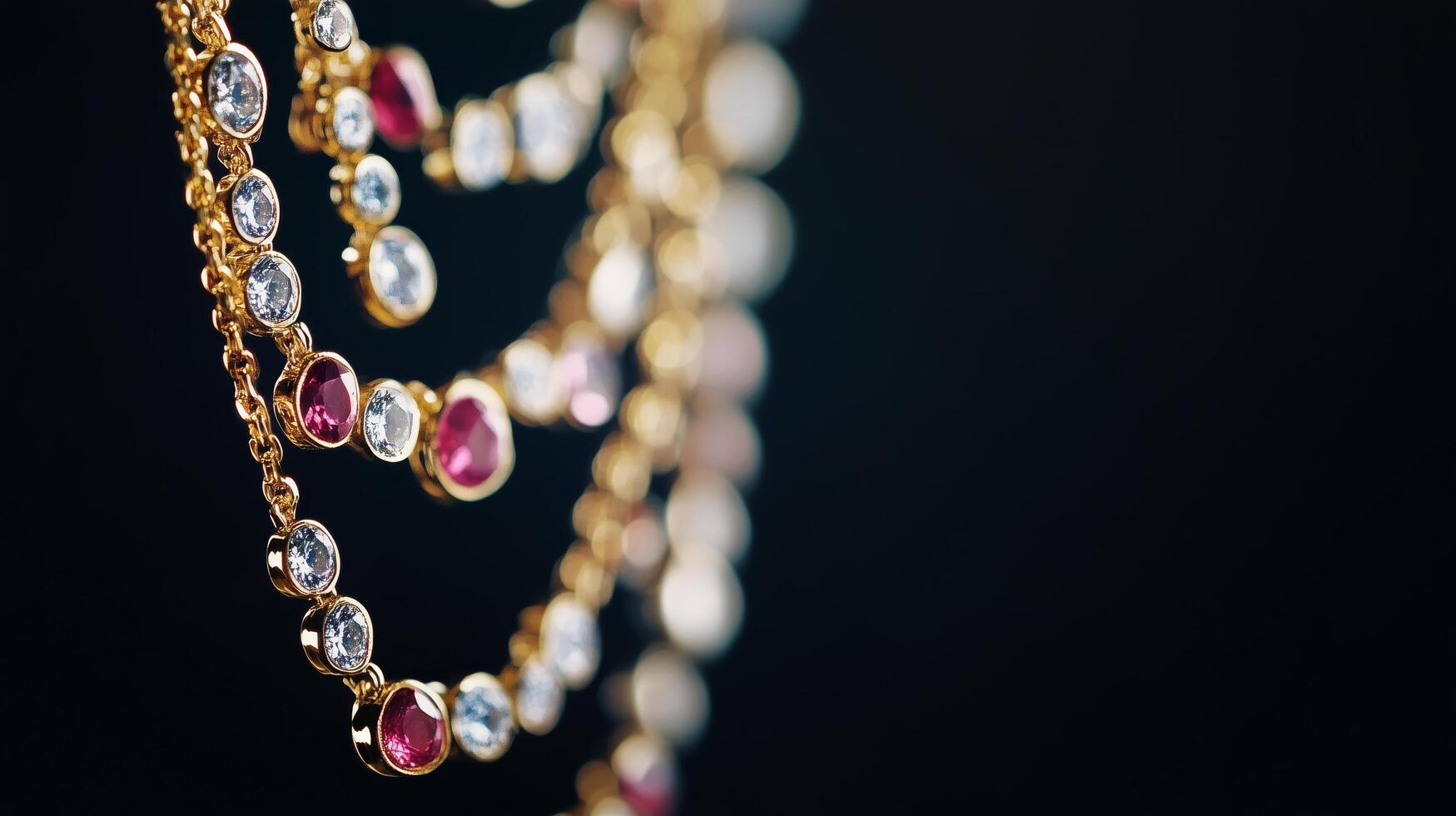 Exquisite gold chain with sparkling gemstones displayed against a dark backdrop photo