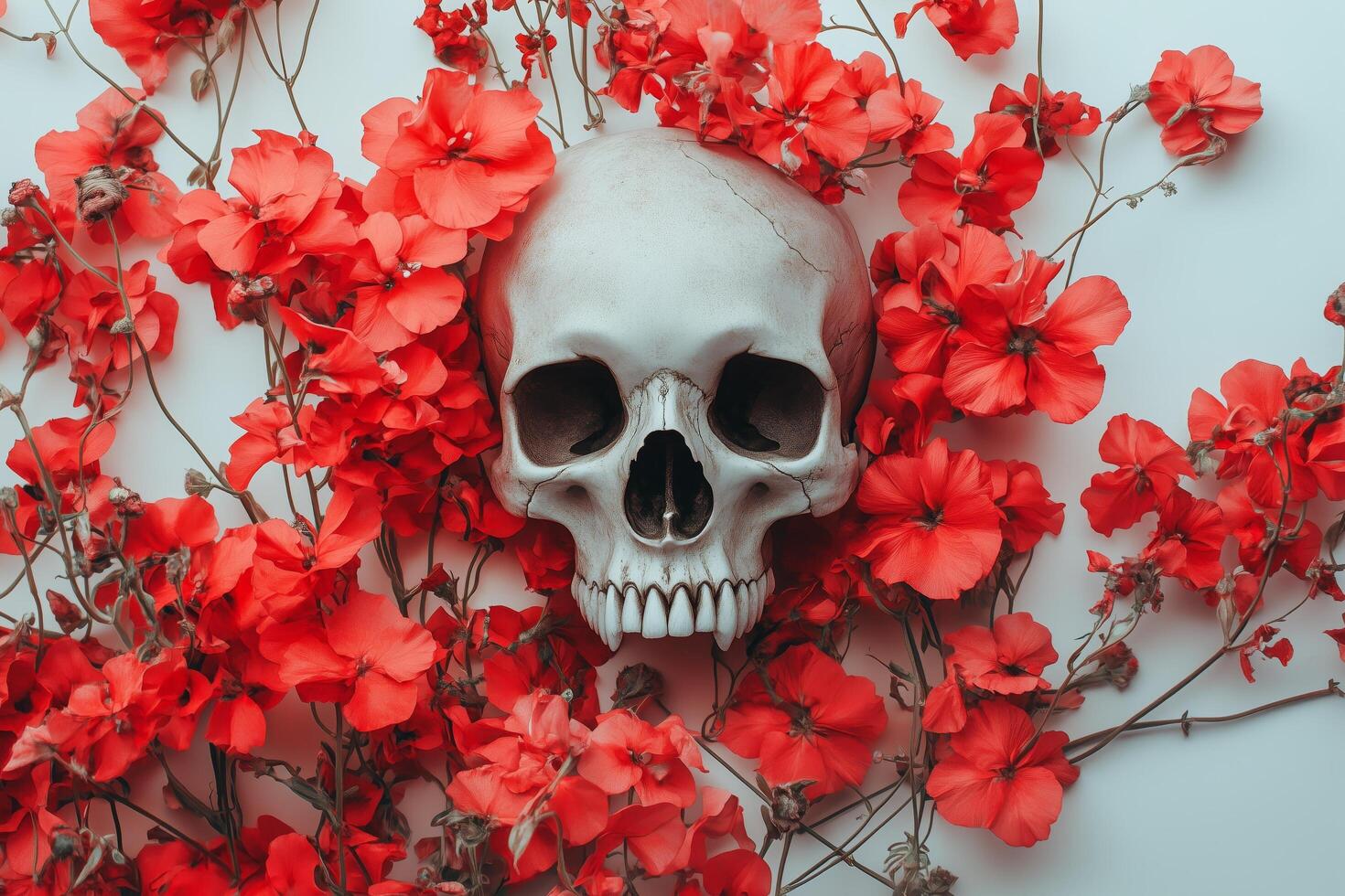 Skull surrounded by bright red flowers creates a striking contrast in artistic composition photo