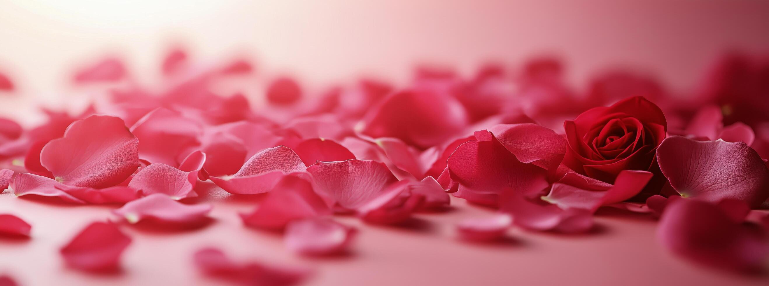 Scattered pink rose petals create a romantic atmosphere for a special occasion photo