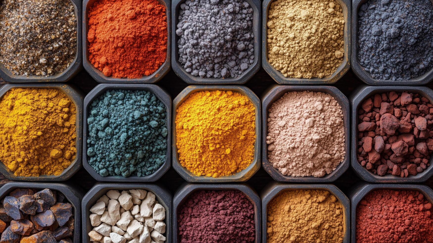 Multicolored spices arranged in containers in a market setting photo