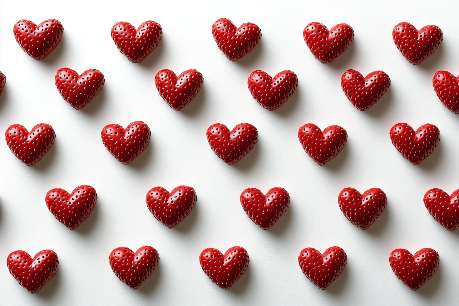 Heart-shaped strawberries arranged in a decorative pattern on a white background photo