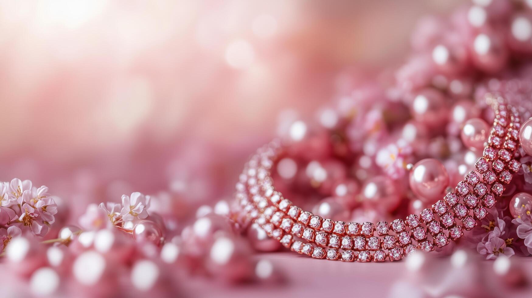 Elegant pink jewelry arrangement with pearls and floral accents for a stylish display photo