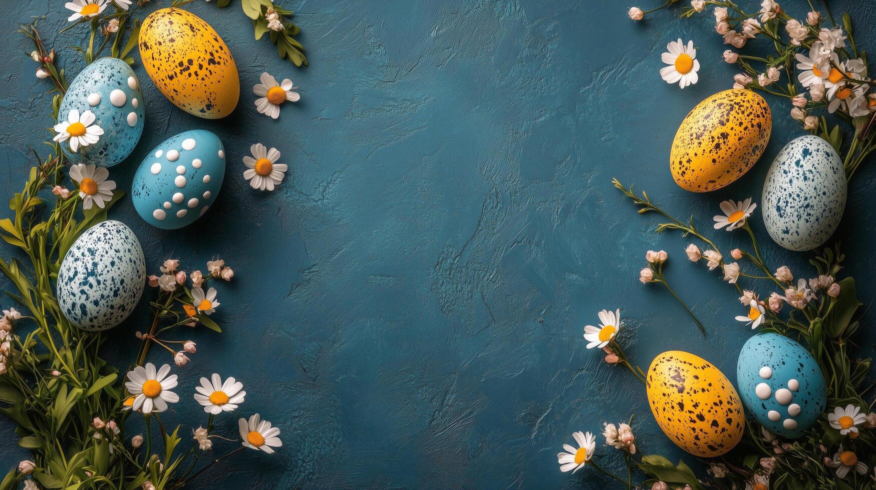 Colorful Easter eggs and flowers arranged on a blue background for spring celebrations photo