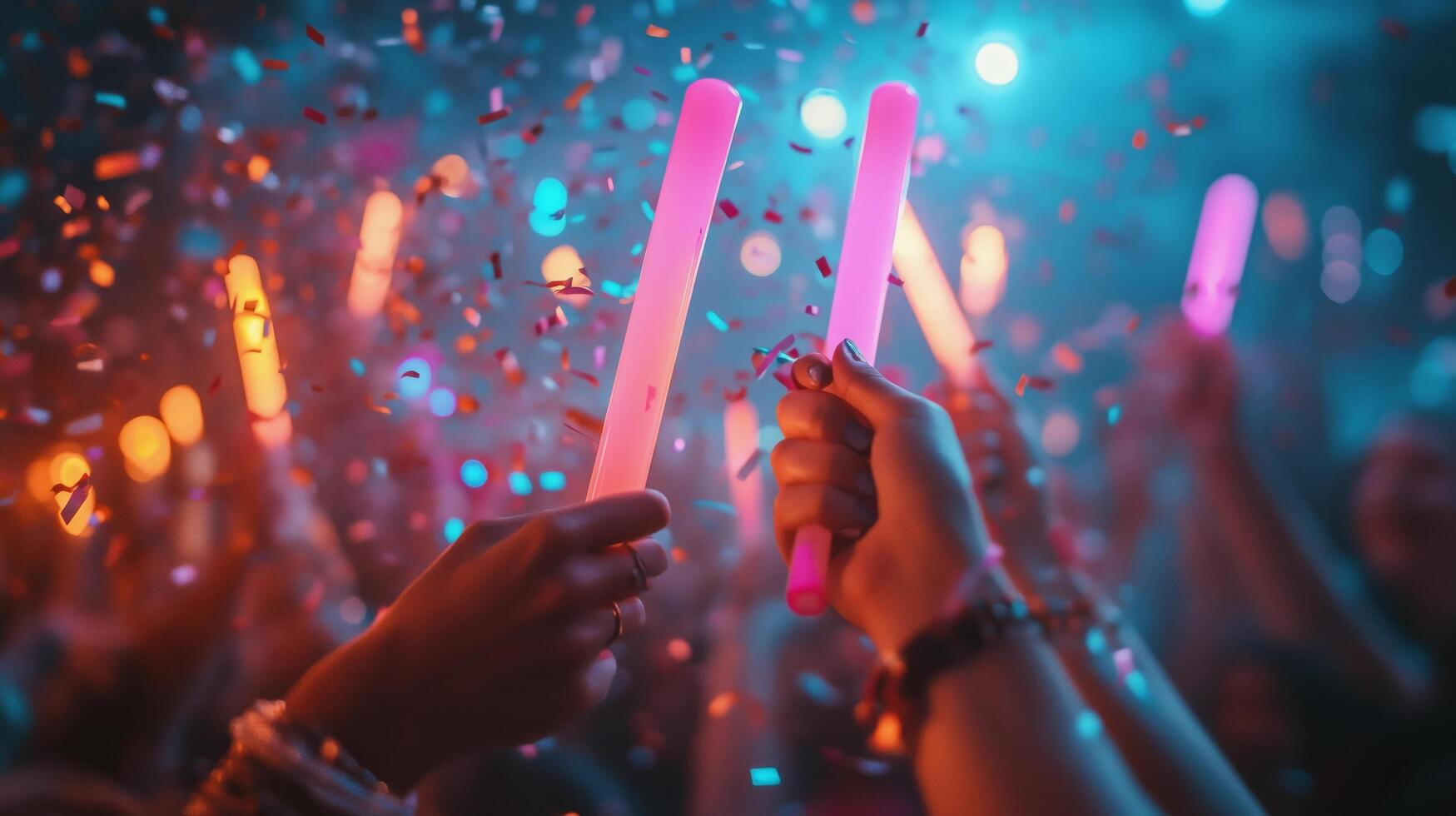 Colorful celebration with glowing sticks and confetti at a lively party atmosphere photo