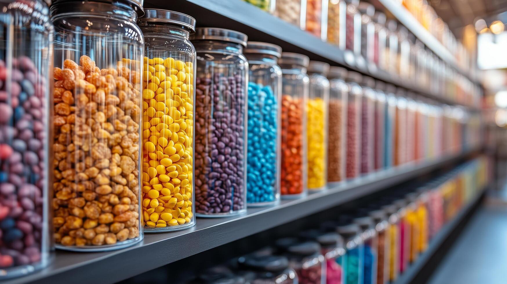 Colorful jars filled with various candies displayed in a well-organized candy store photo