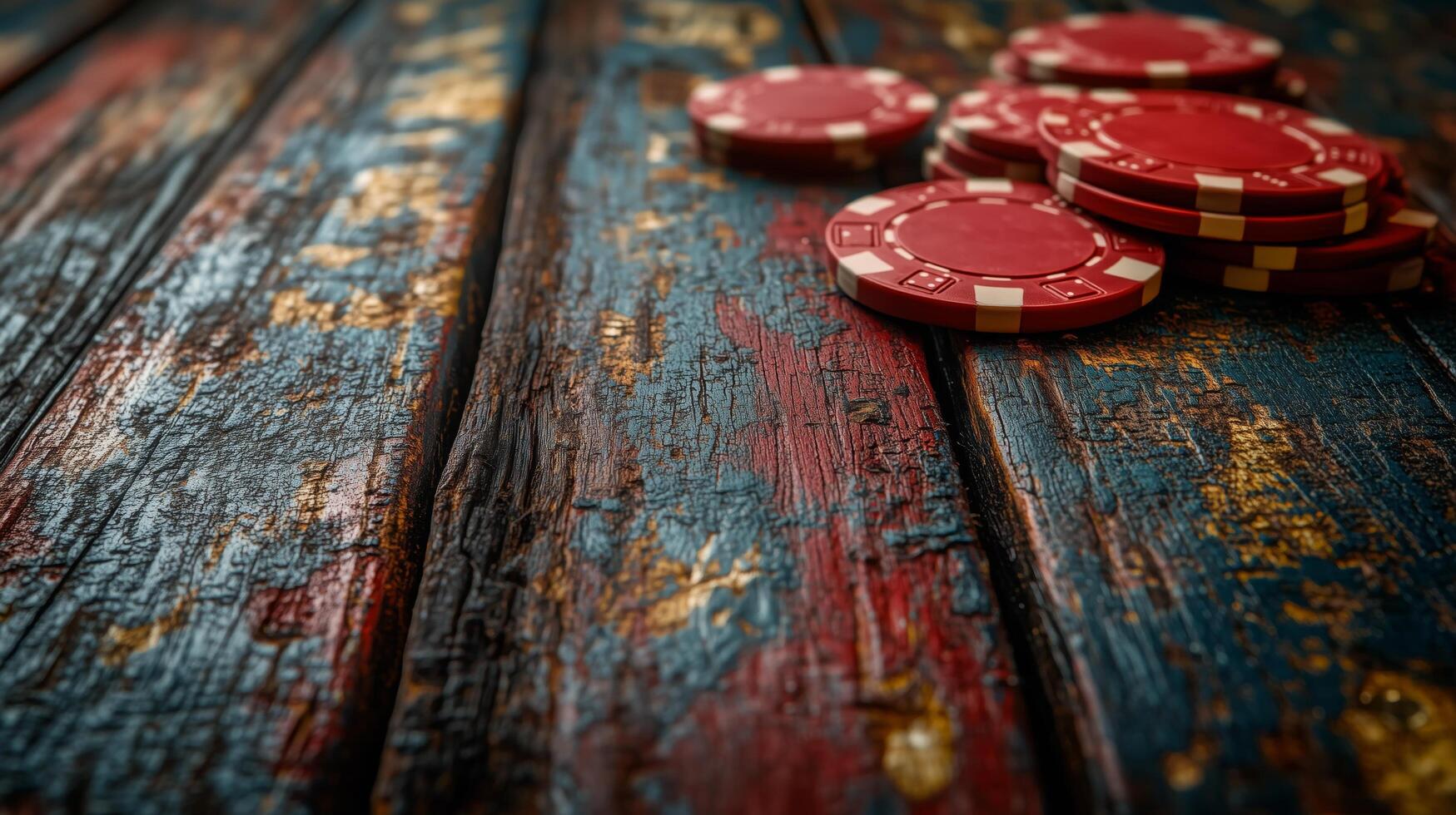 Vintage wooden table featuring red poker chips stacked in casual arrangement photo