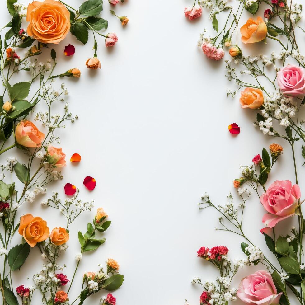 Colorful floral arrangement with roses and greenery on a white background photo