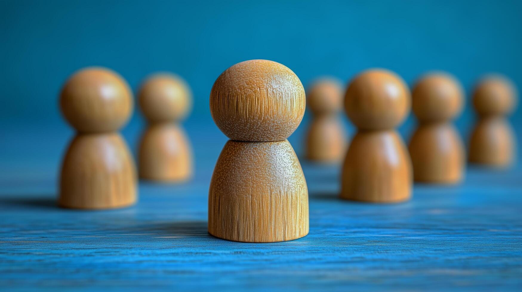 Wooden figures arranged on a blue background creating a focus on the central piece photo