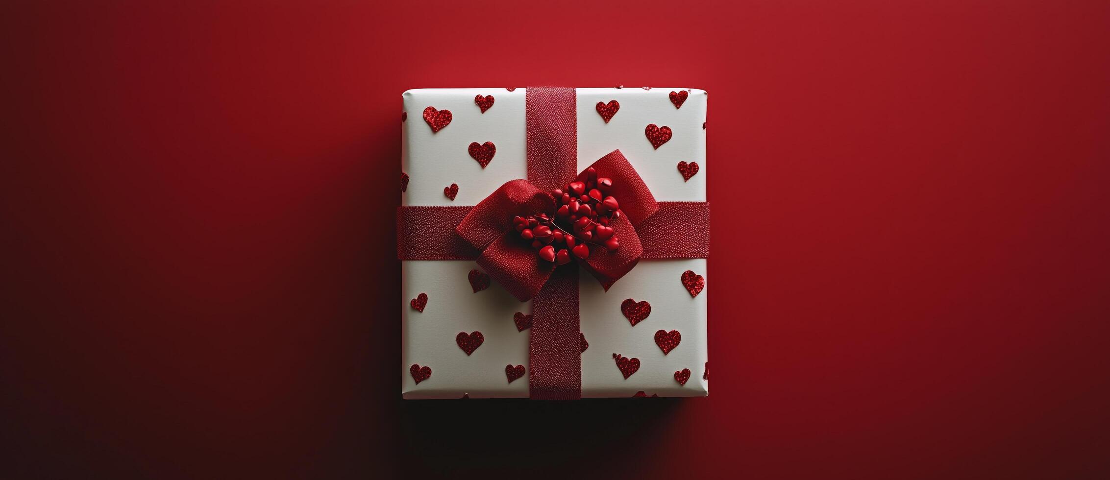 Brightly wrapped gift with heart patterns on red background for celebration photo