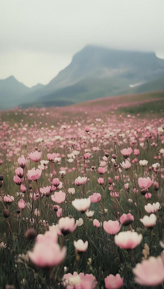 Vast field of blooming flowers under a cloudy sky in a mountainous landscape photo