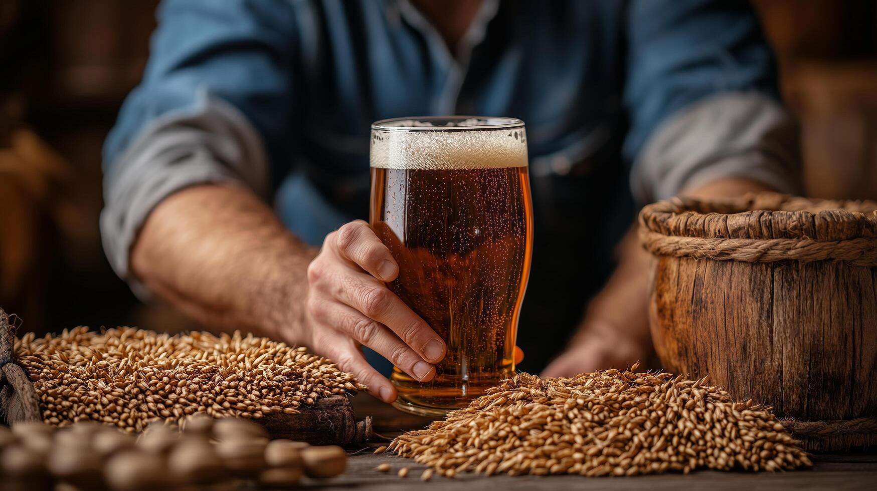 Enjoying a freshly poured beer in a rustic brewery with barley and wooden barrels nearby photo