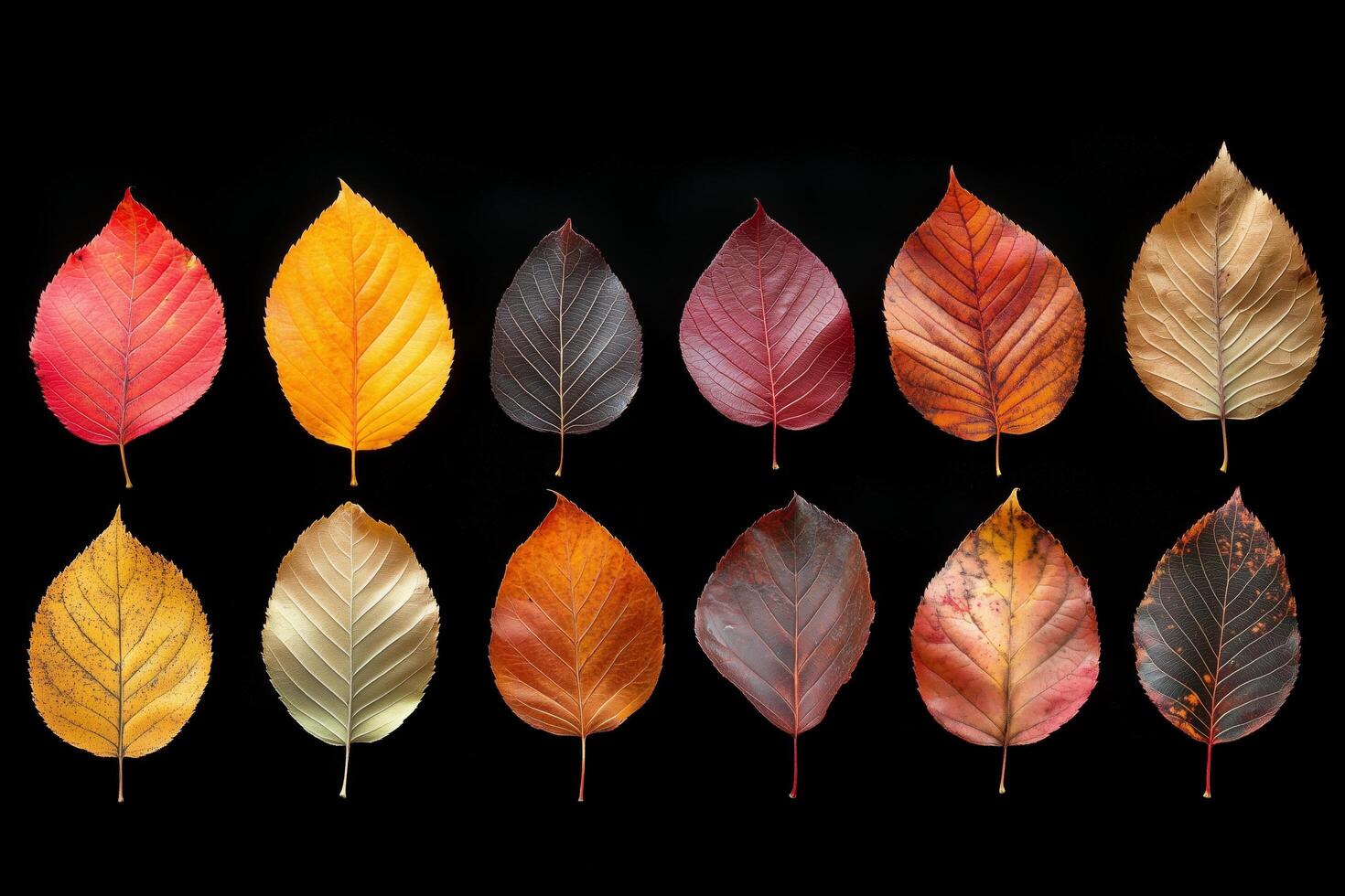 Colorful autumn leaves arranged in a grid on a black background showcasing seasonal changes photo