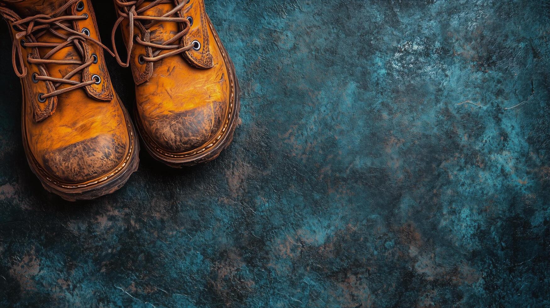 Yellow work boots resting on a textured blue surface in a rugged setting during daylight photo