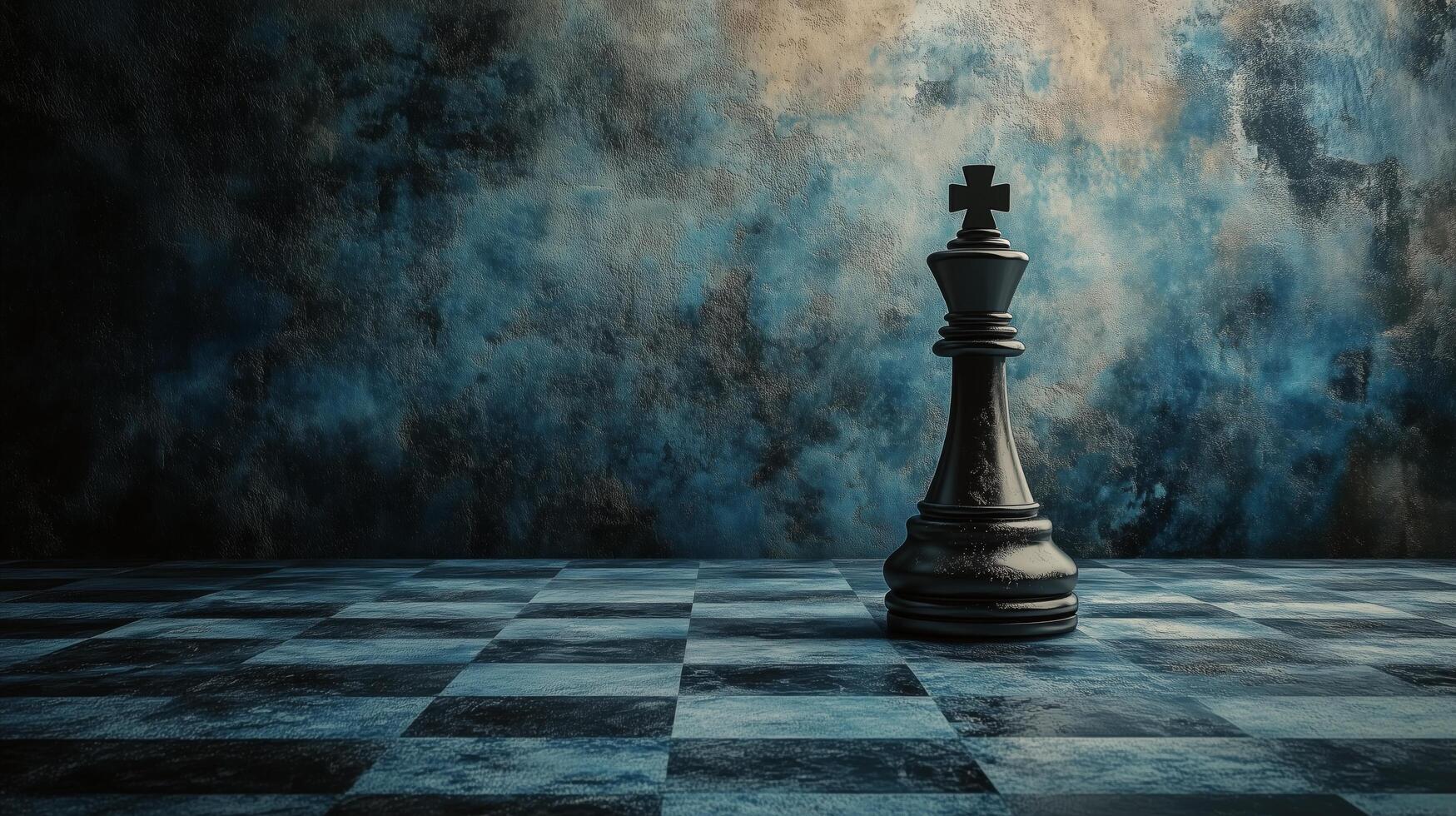 King chess piece stands alone on a dark, textured board in a moody, dramatic setting photo