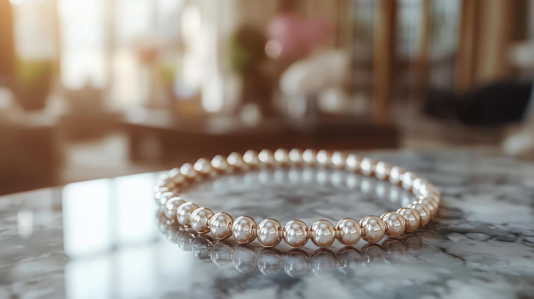Elegant pearl necklace displayed on marble surface in warmly lit room setting photo