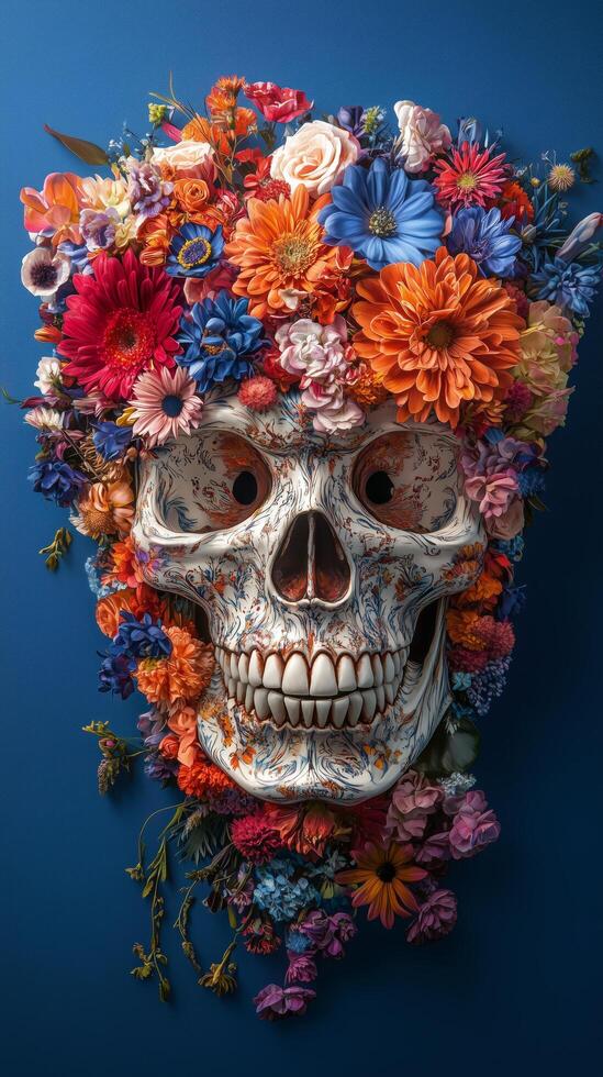 Colorful skull adorned with vibrant flowers on a blue background in a decorative display photo