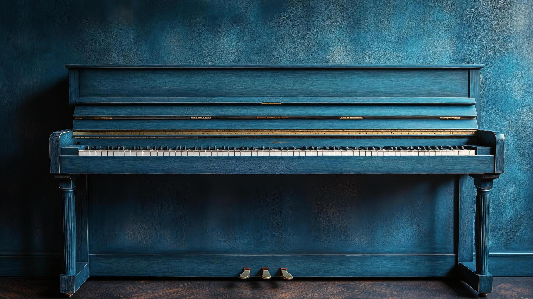 Elegant blue piano against textured wall creates a tranquil atmosphere in a music space photo
