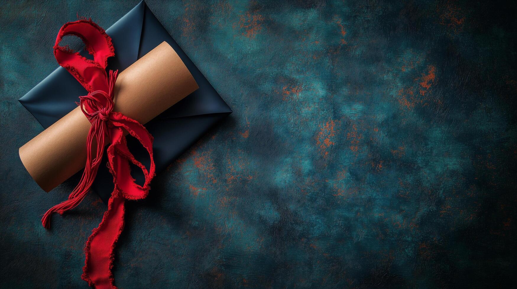 Elegant rolled certificate tied with red ribbon on dark blue textured background photo