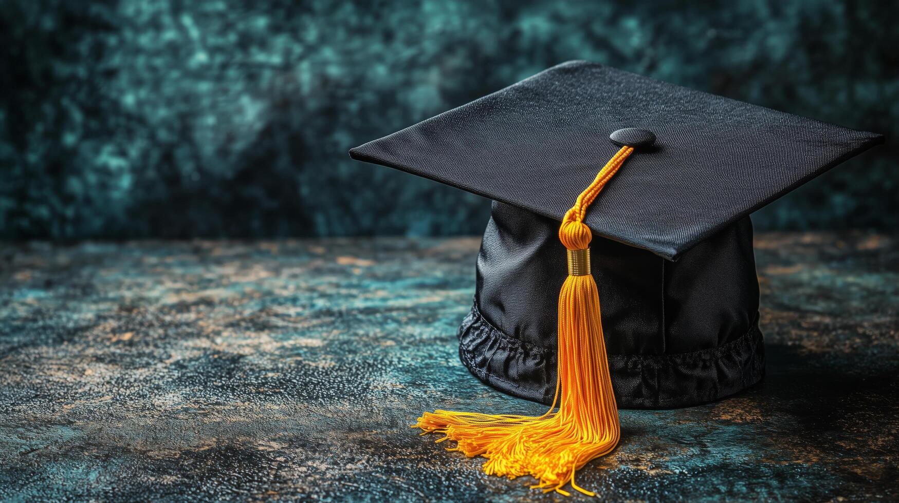 Graduation cap with orange tassel on textured background in a celebratory setting photo