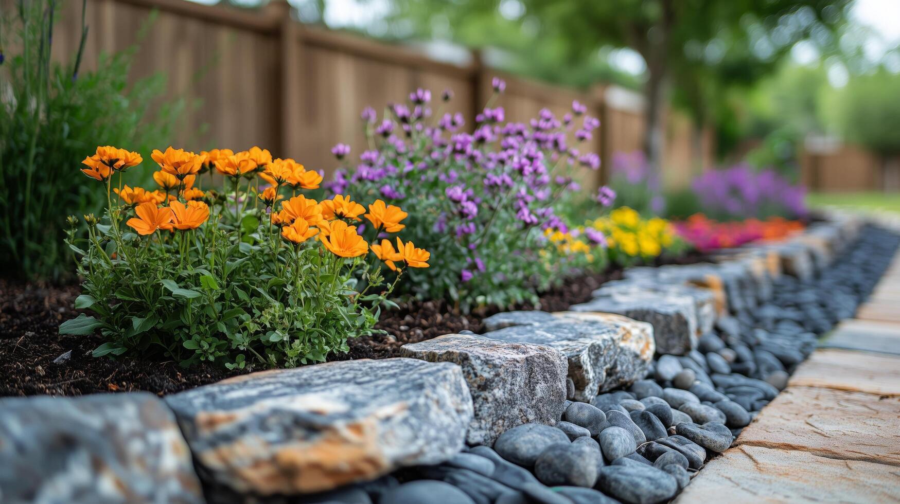 Colorful flowers bloom beside a stone path in a vibrant garden setting during springtime photo