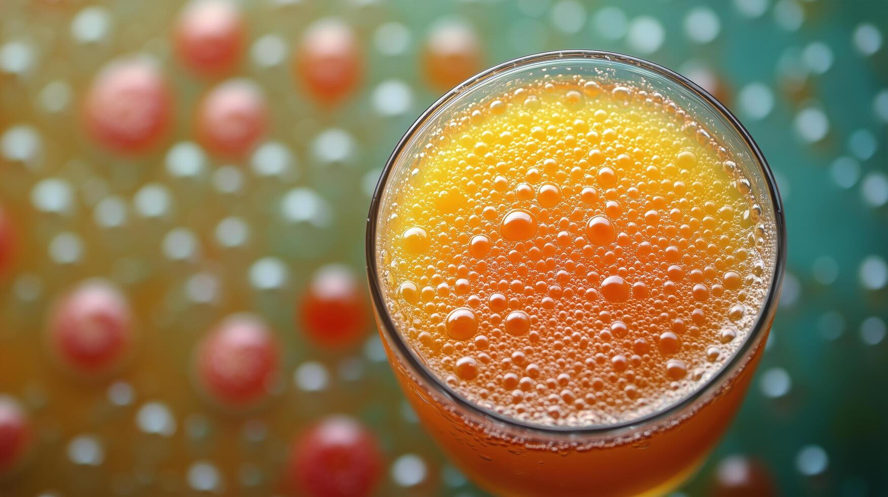 Sparkling orange beverage served in a glass with bubbles against a colorful background photo