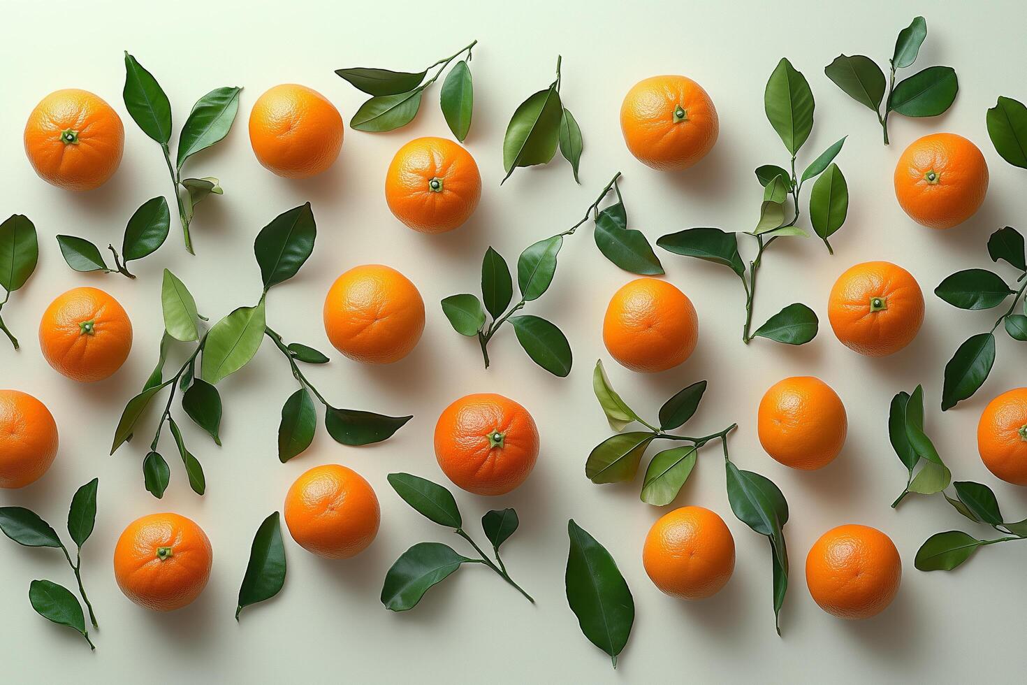 Fresh tangerines and green leaves arranged artfully on a light background photo