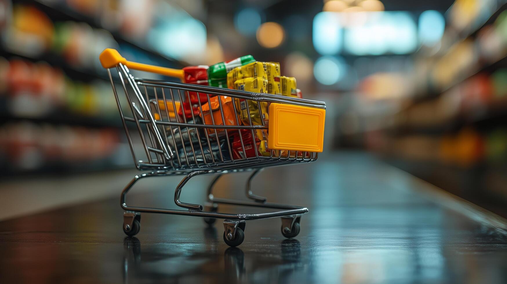 Shopping cart filled with colorful groceries in a modern supermarket aisle during daylight photo