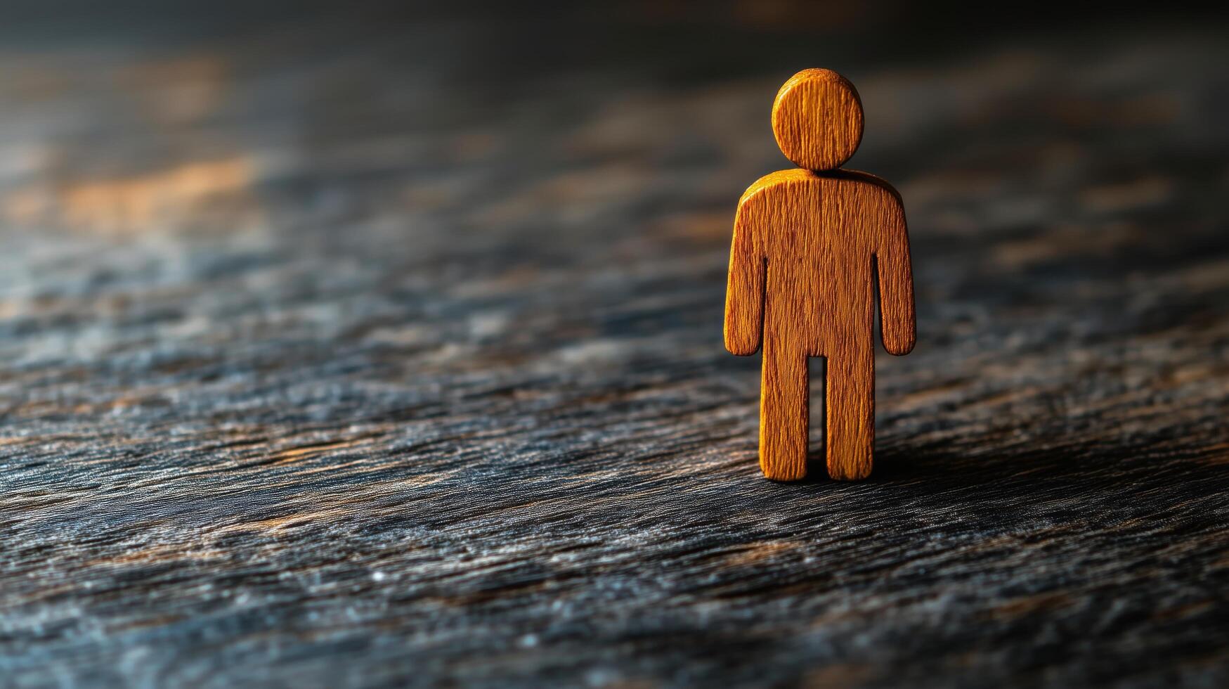 Wooden figure stands alone on textured surface in subdued light with soft shadows photo
