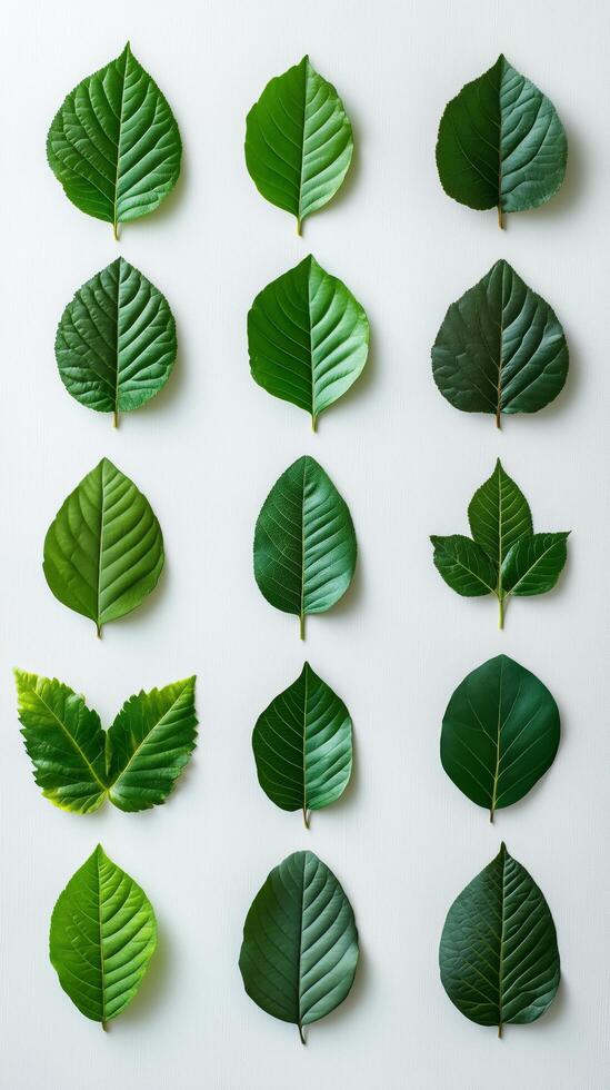Different types of green leaves arranged in a grid pattern on a light background photo