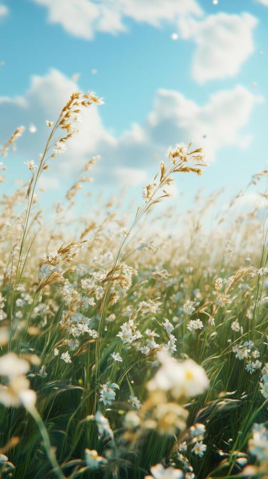 A field of white flowers with blue sky and clouds photo