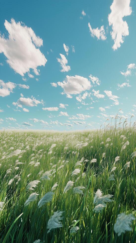 A field of grass with white clouds in the sky photo