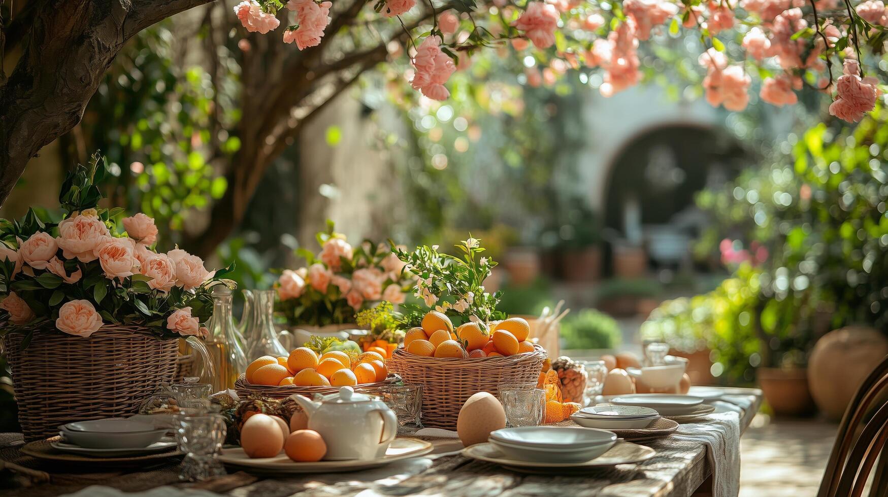 A table set with a basket of oranges and a vase of flowers photo