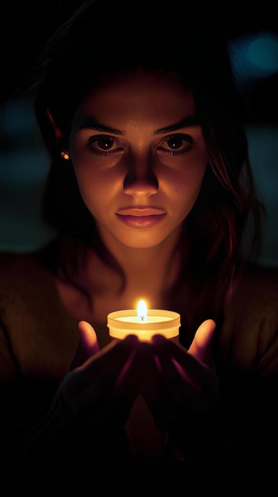 A woman holding a lit candle in her hands photo