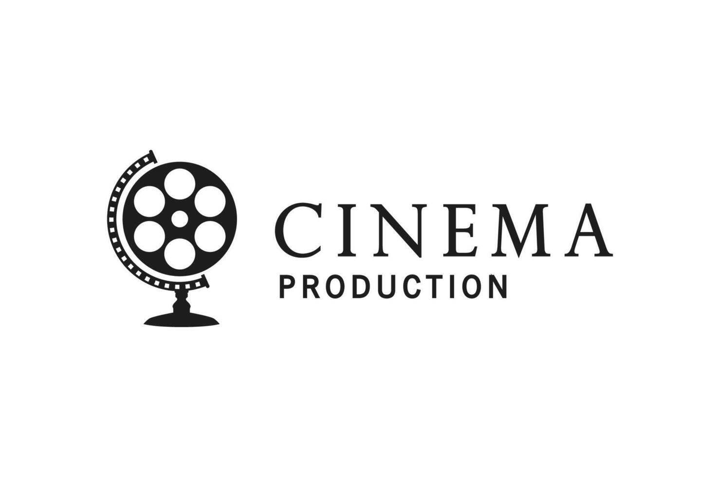 Film reel with globe stand illustration, Global movie film logo icon sign symbol design concept vector
