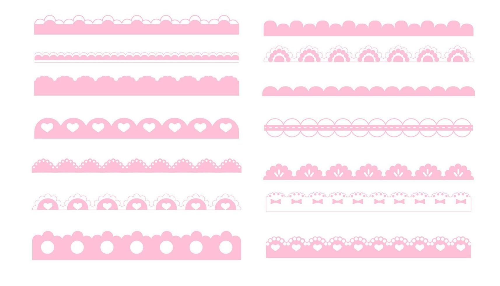 Scalloped pink border simple cute divider with heart and dots ornament edge cutout decoration isolated on white background. vector