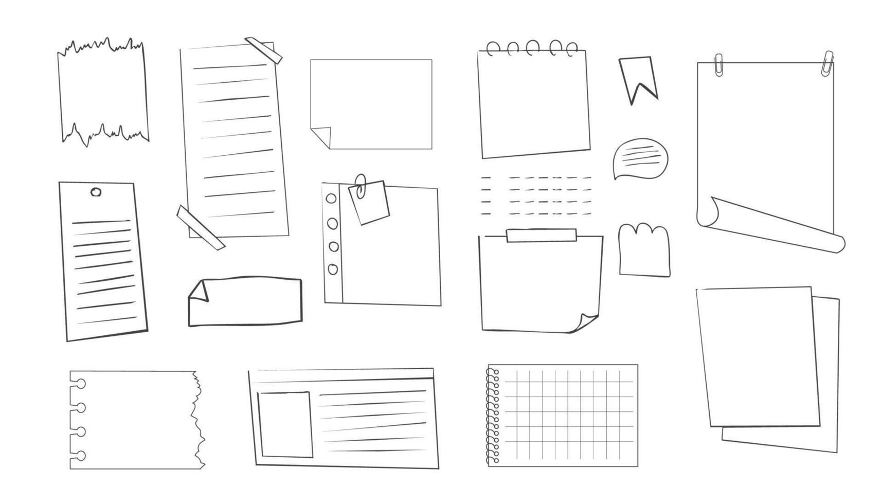 Memo sticky note reminder sheet paper. Doodle paper frame, check list with pin, tape, paperclip elements. Set cute notes, office or school messages. vector