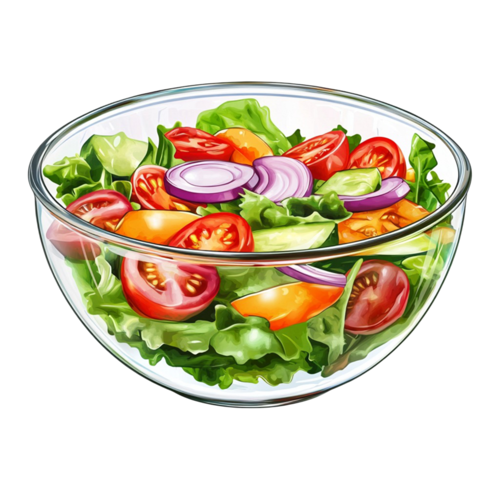 Salad in Glass Bowl with Tomatoes, Cucumbers, Onions, and Lettuce. png