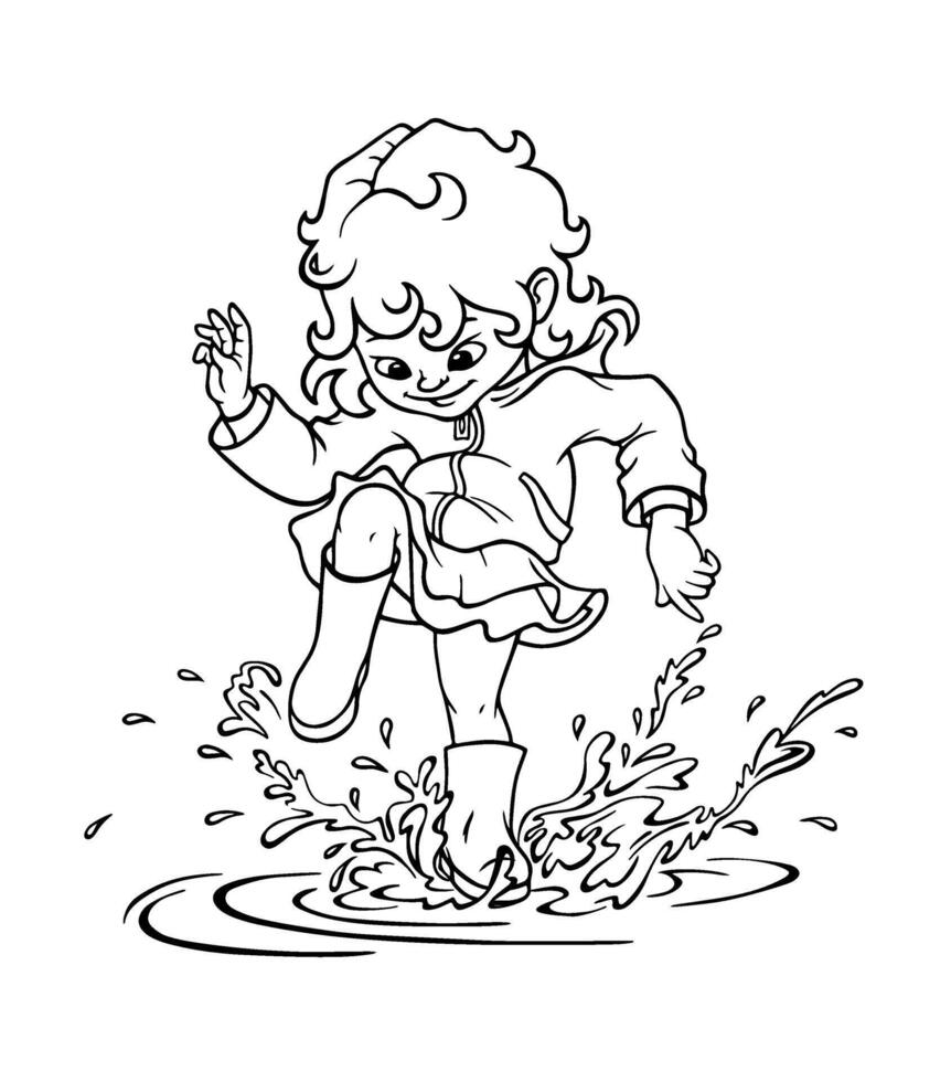 Coloring page with child girl in rubber boots jumping, splashing and stomping joyfully in puddle after the rain in spring, summer or autumn. Happy childhood concept. Hand drawn outline illustration vector