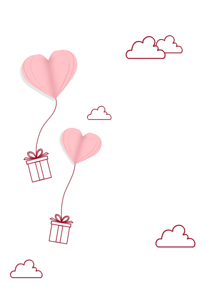 Pink heart shaped balloons with boxes in the sky png