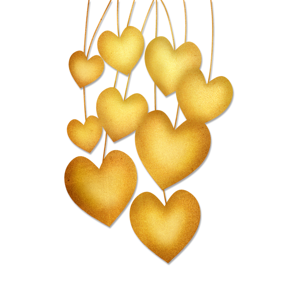 Golden hearts hanging from strings on a Transparent background png