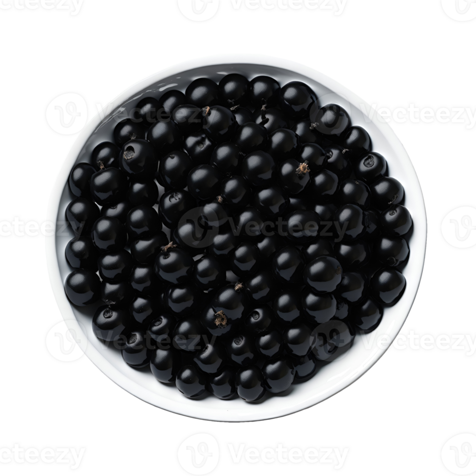 Top view black currant in a white bowl isolated on transparent background png