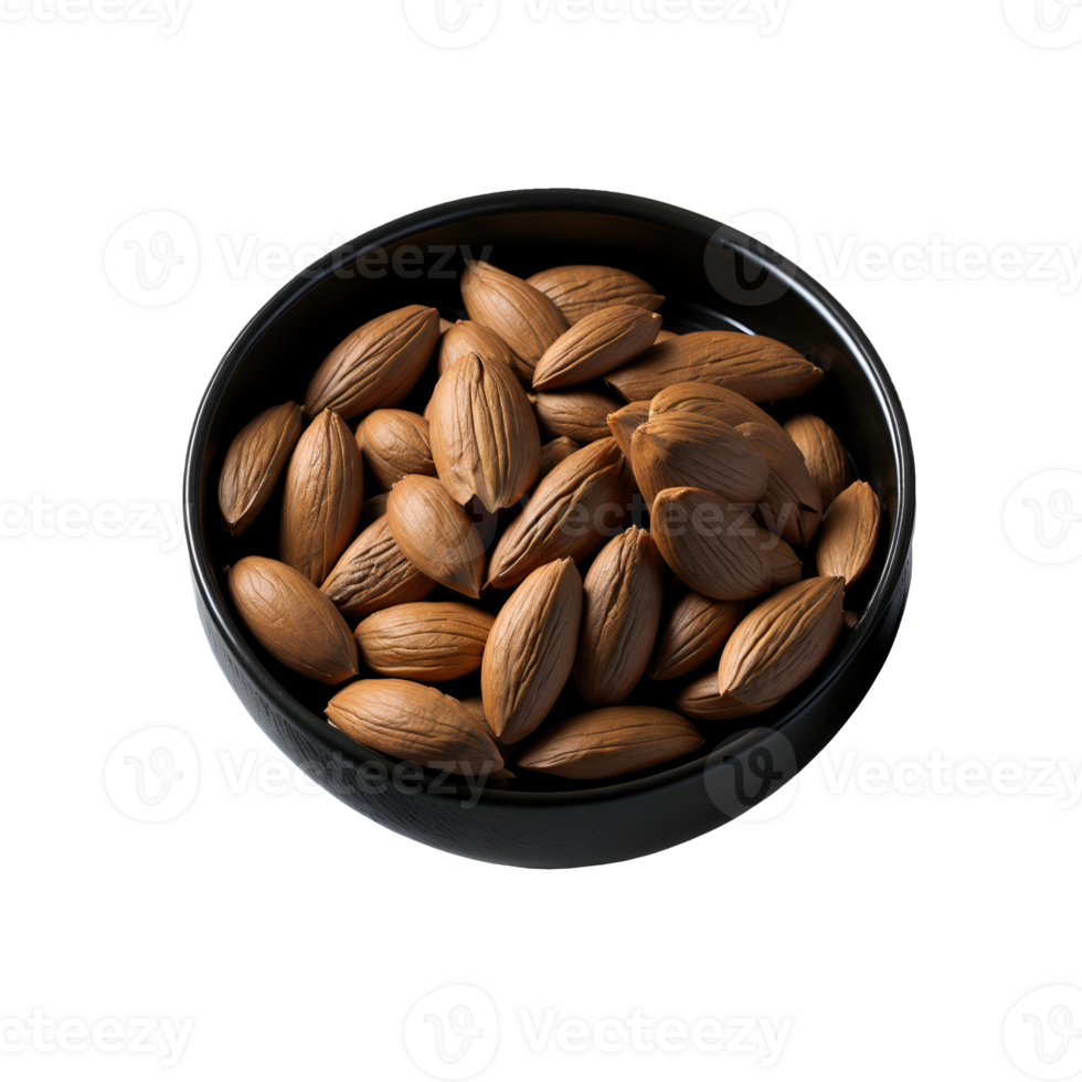 Almonds nuts in a black bowl isolated on transparent background png